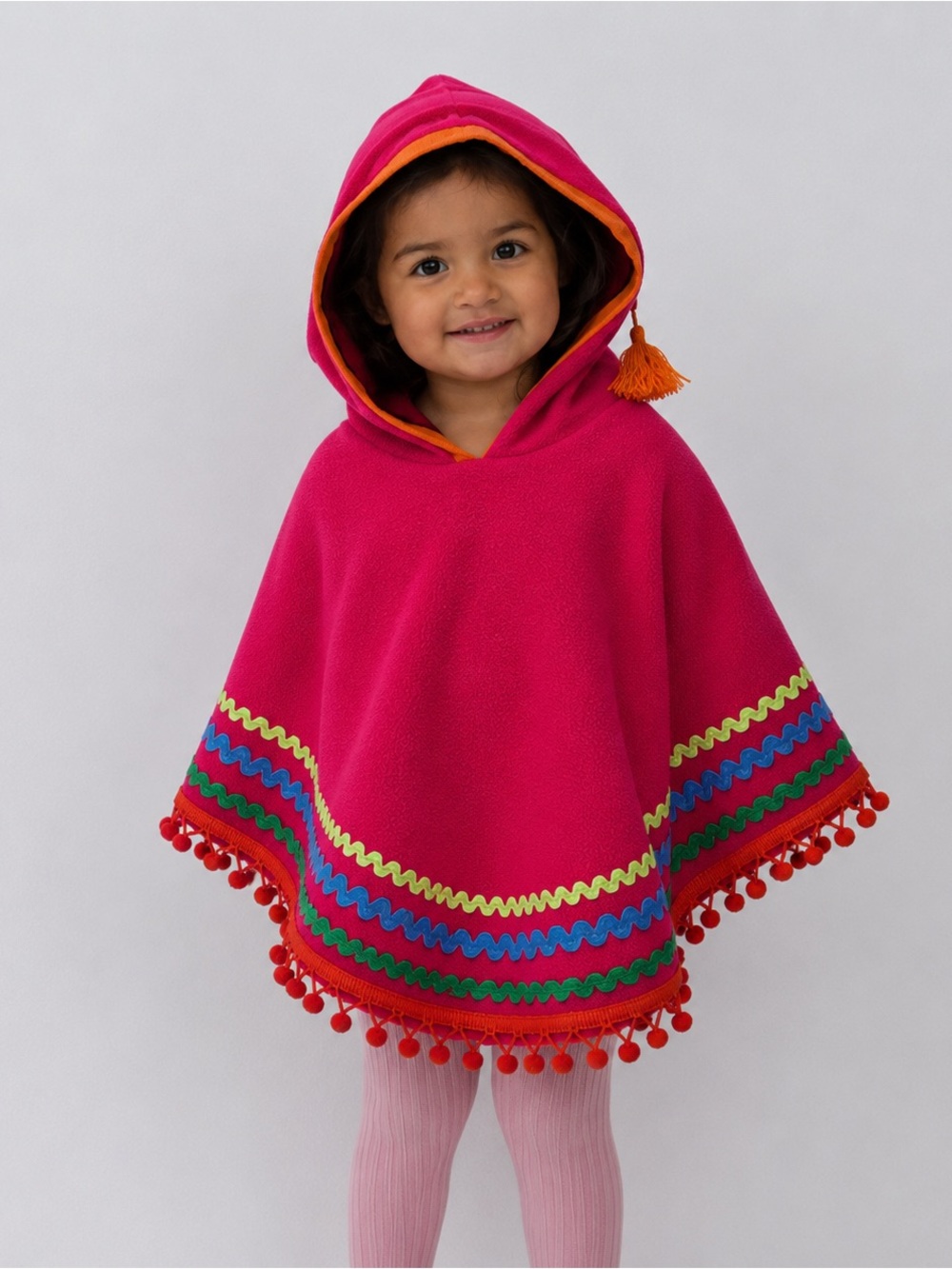 PERI Kids Fleece Fun Hooded Hot Pink Poncho Cape Orange Pom Pom Trim 📐M 3-5